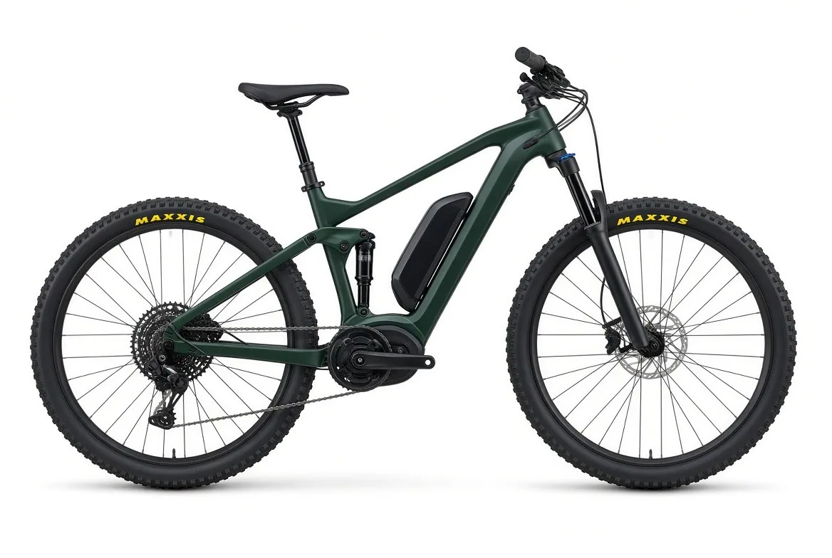 Dark green full-suspension electric mountain bike
